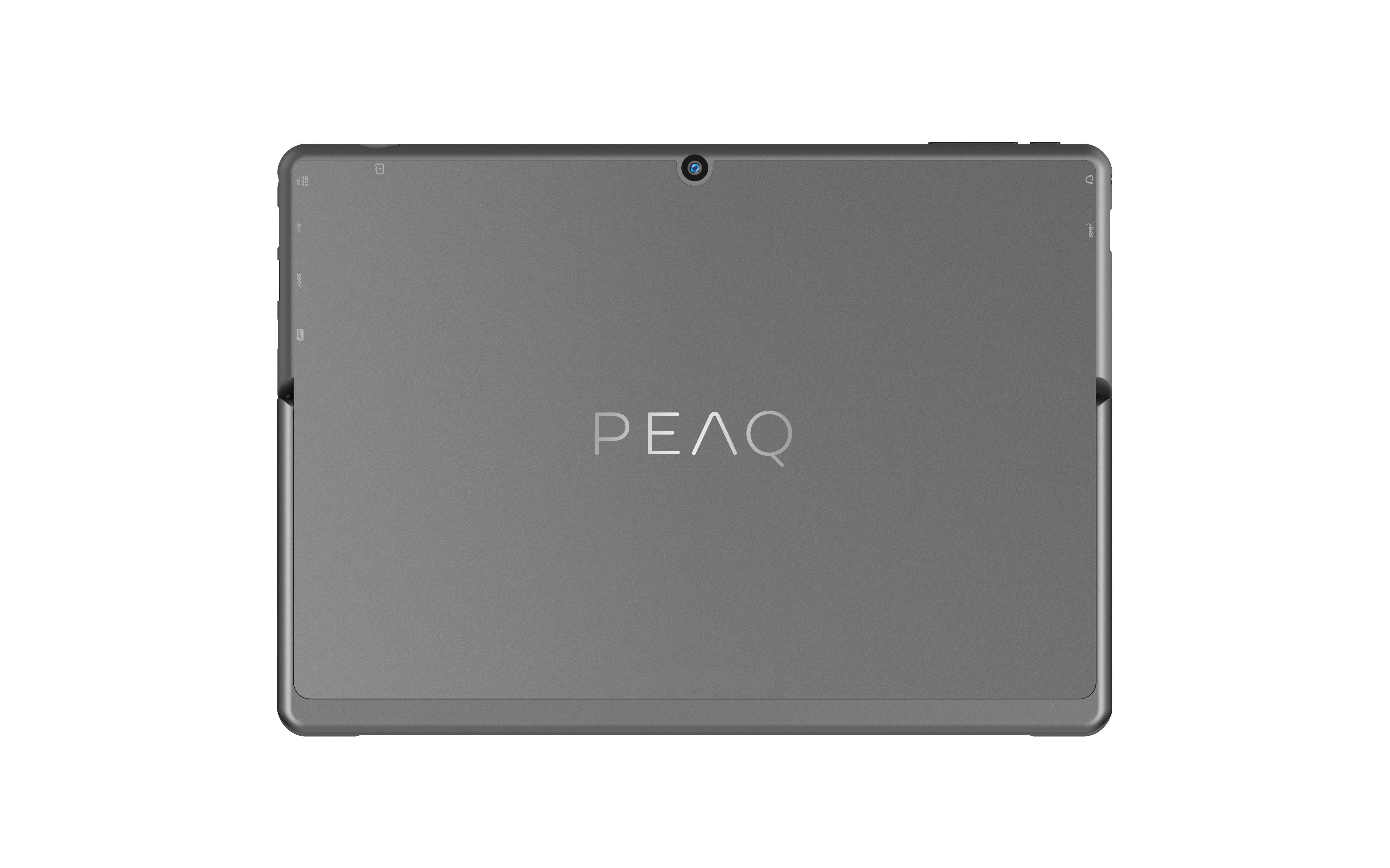 Graues Tablet, Rückansicht. PEAQ-Logo in der Mitte, Kamera oben und abgerundete Ecken.