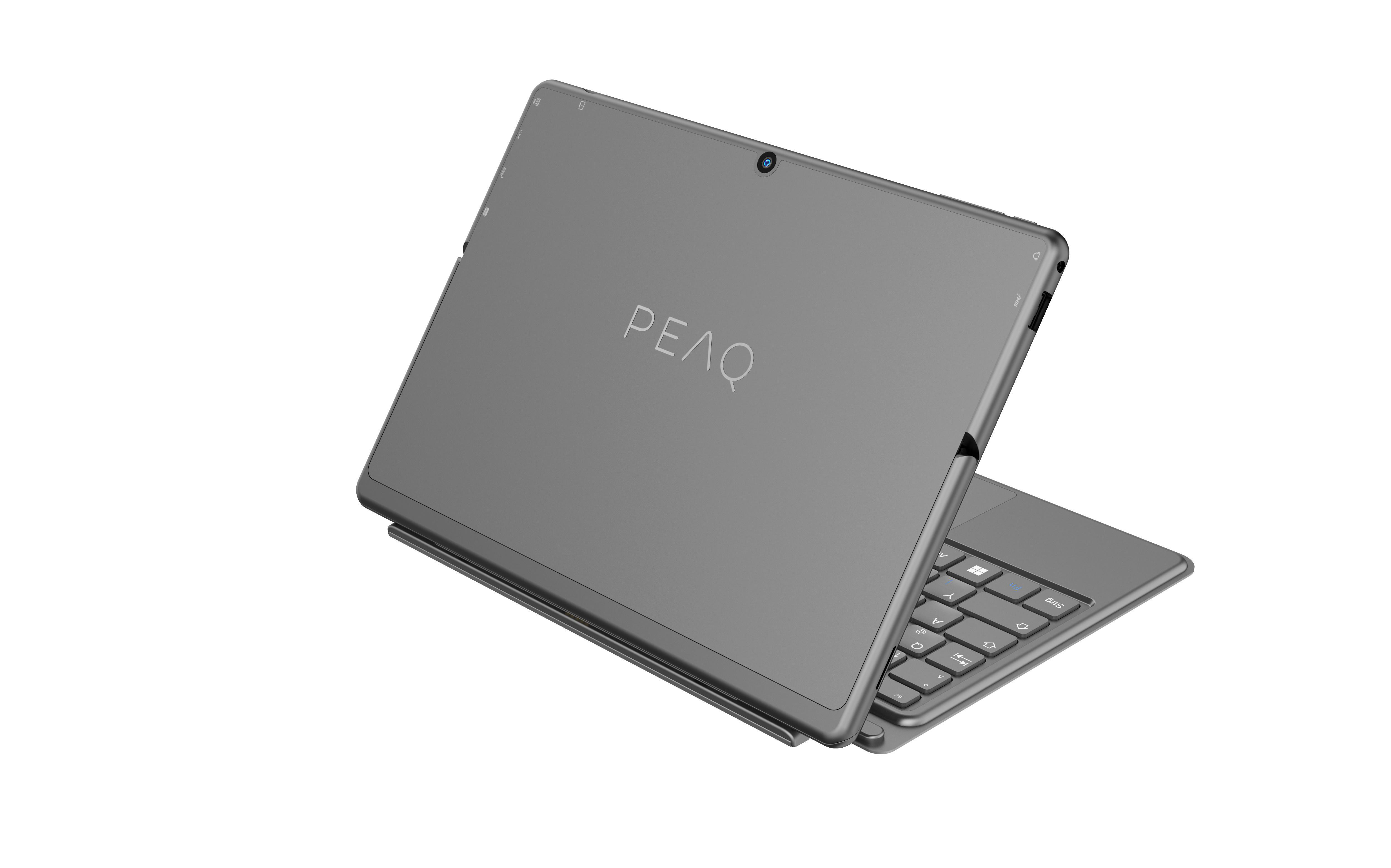 Graues Tablet mit angeschlossener Tastatur. Das Logo PEAQ ist auf der Hülle sichtbar.