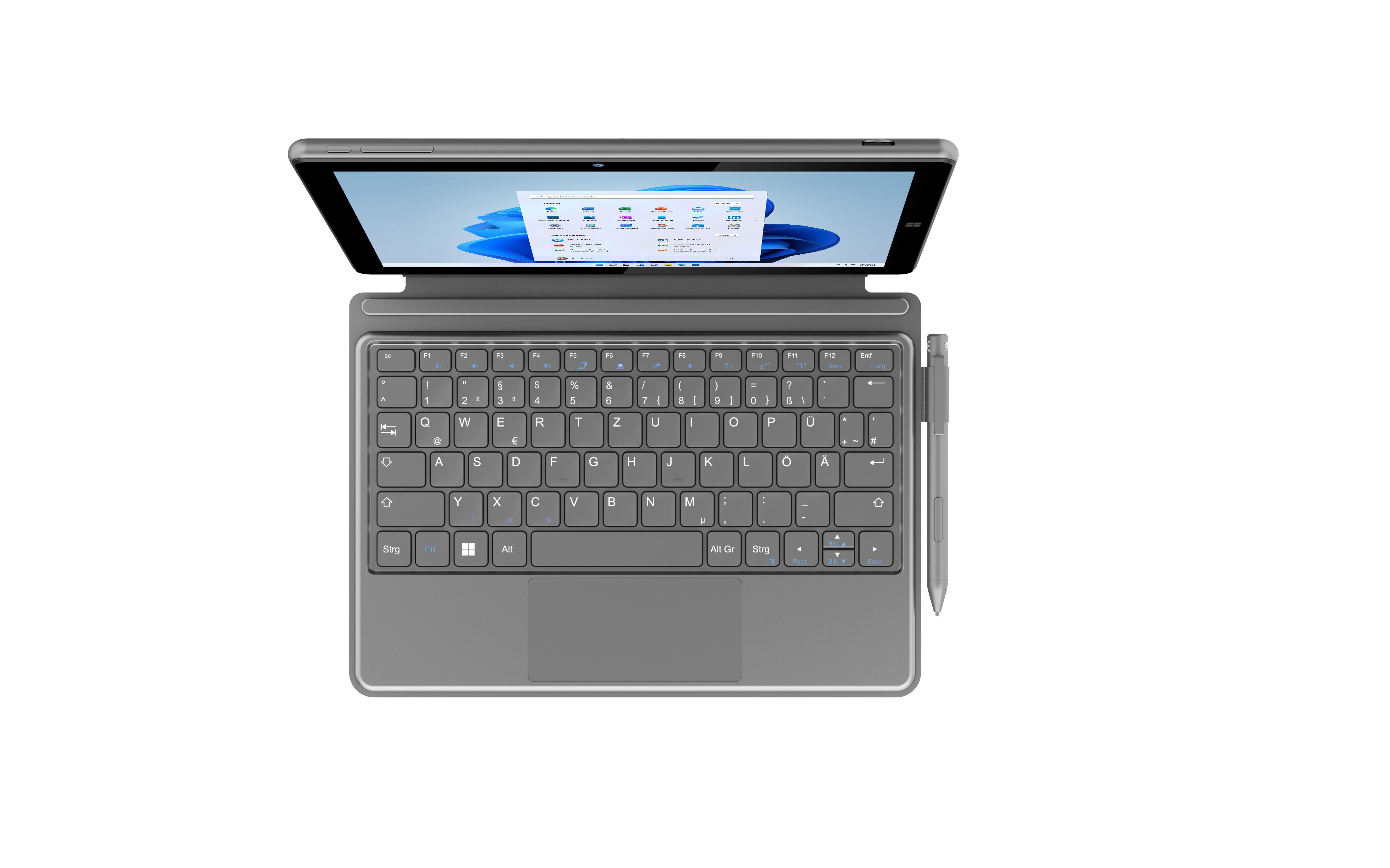 Laptop mit Tastatur und Tablet-Bildschirm, der eine Windows-Oberfläche anzeigt.
