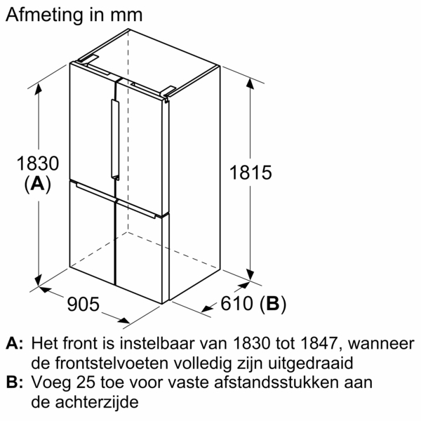 Diagram of a refrigerator, with dimensions labeled in millimeters. It has two doors.