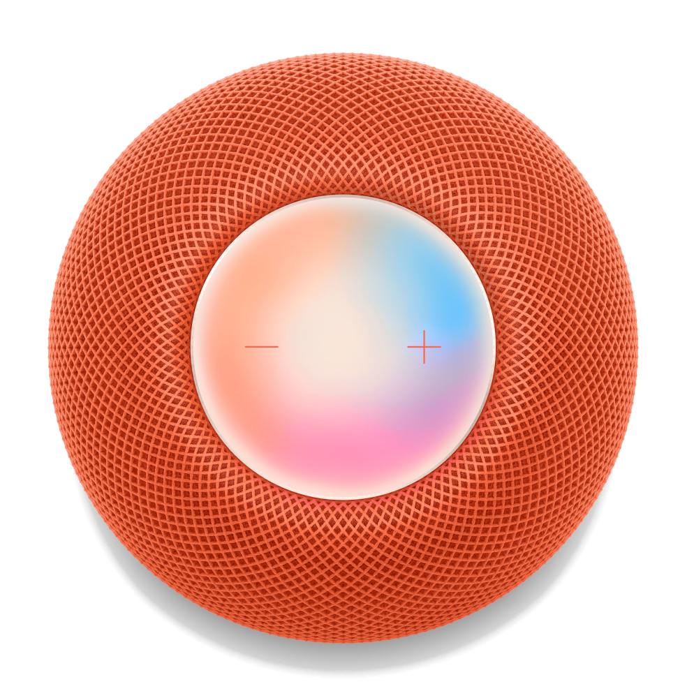 Een oranje HomePod-luidspreker met een aanraakoppervlak met kleurovergangen.
