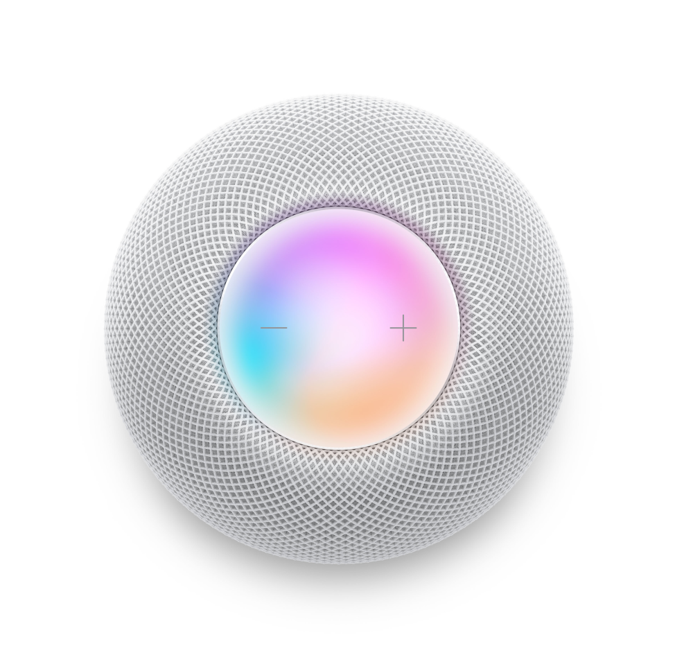 Apple HomePod blanc. Vue de dessus. Maille grise. Lumière colorée au centre. Fond blanc.
