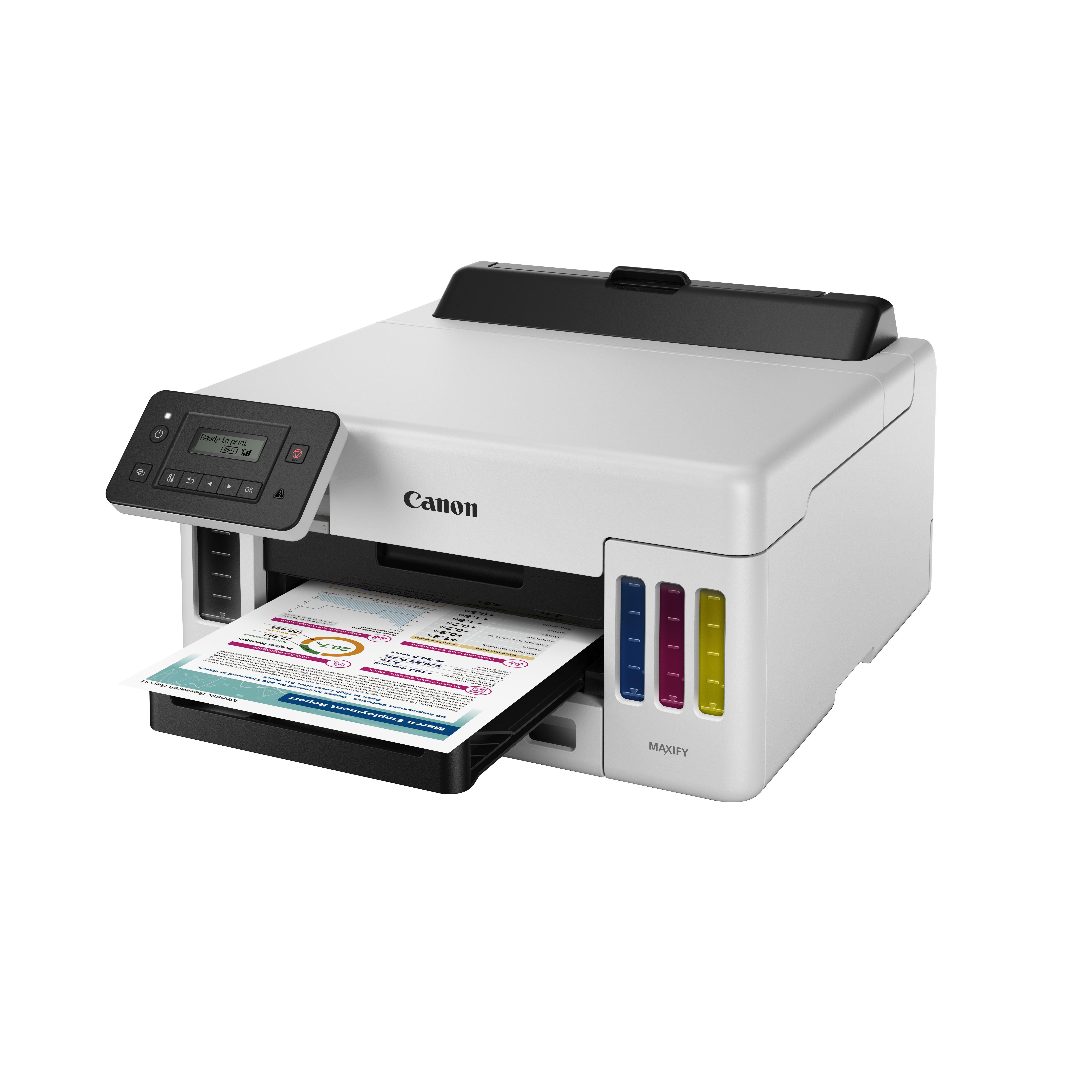 Ein weißer Canon MAXIFY Drucker mit einem Dokument im Ausgabefach. Tintenpatronen sind seitlich sichtbar.