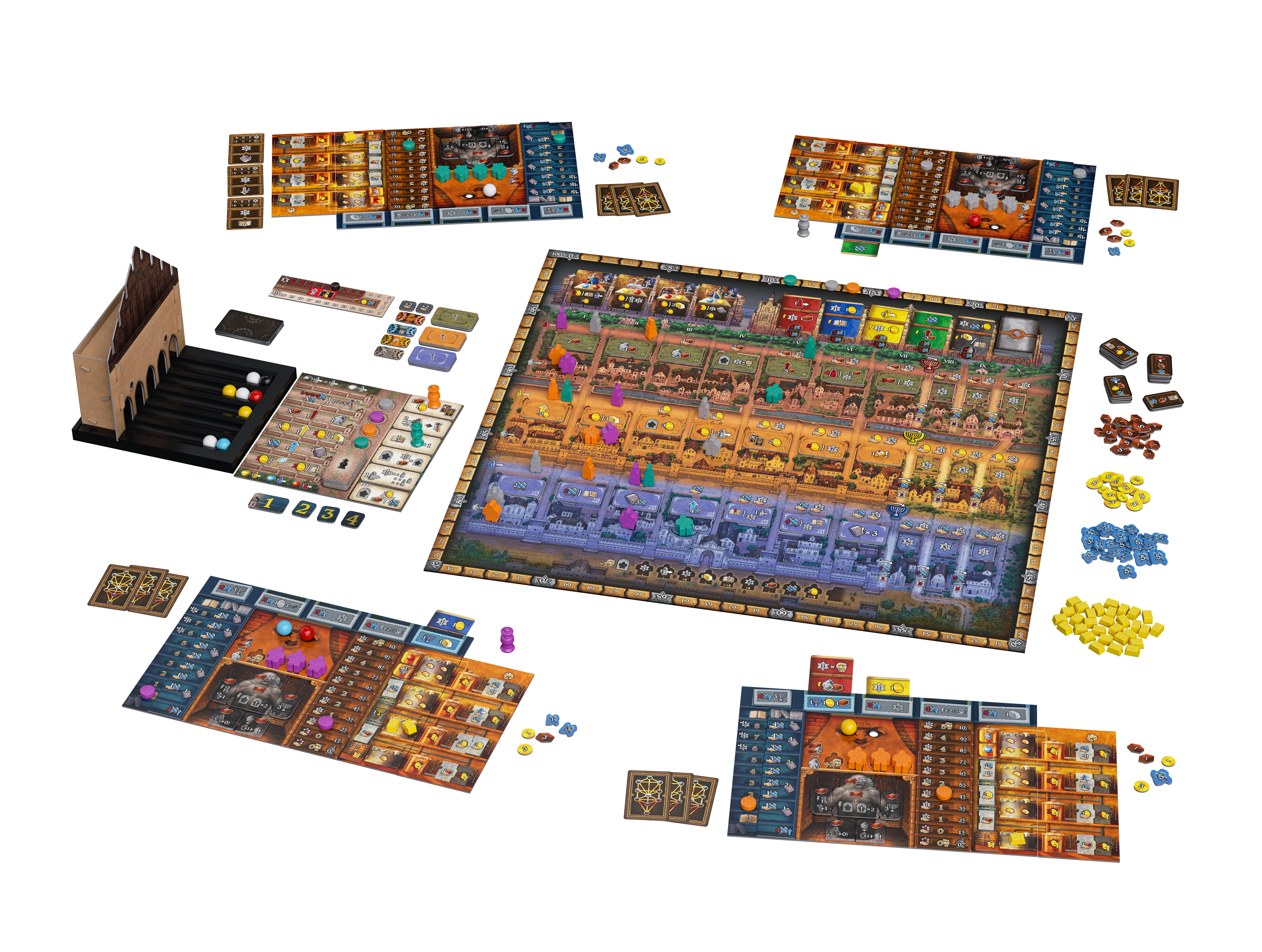 Brettspiel-Setup mit Spielbrettern, Teilen und Karten auf weißer Oberfläche.