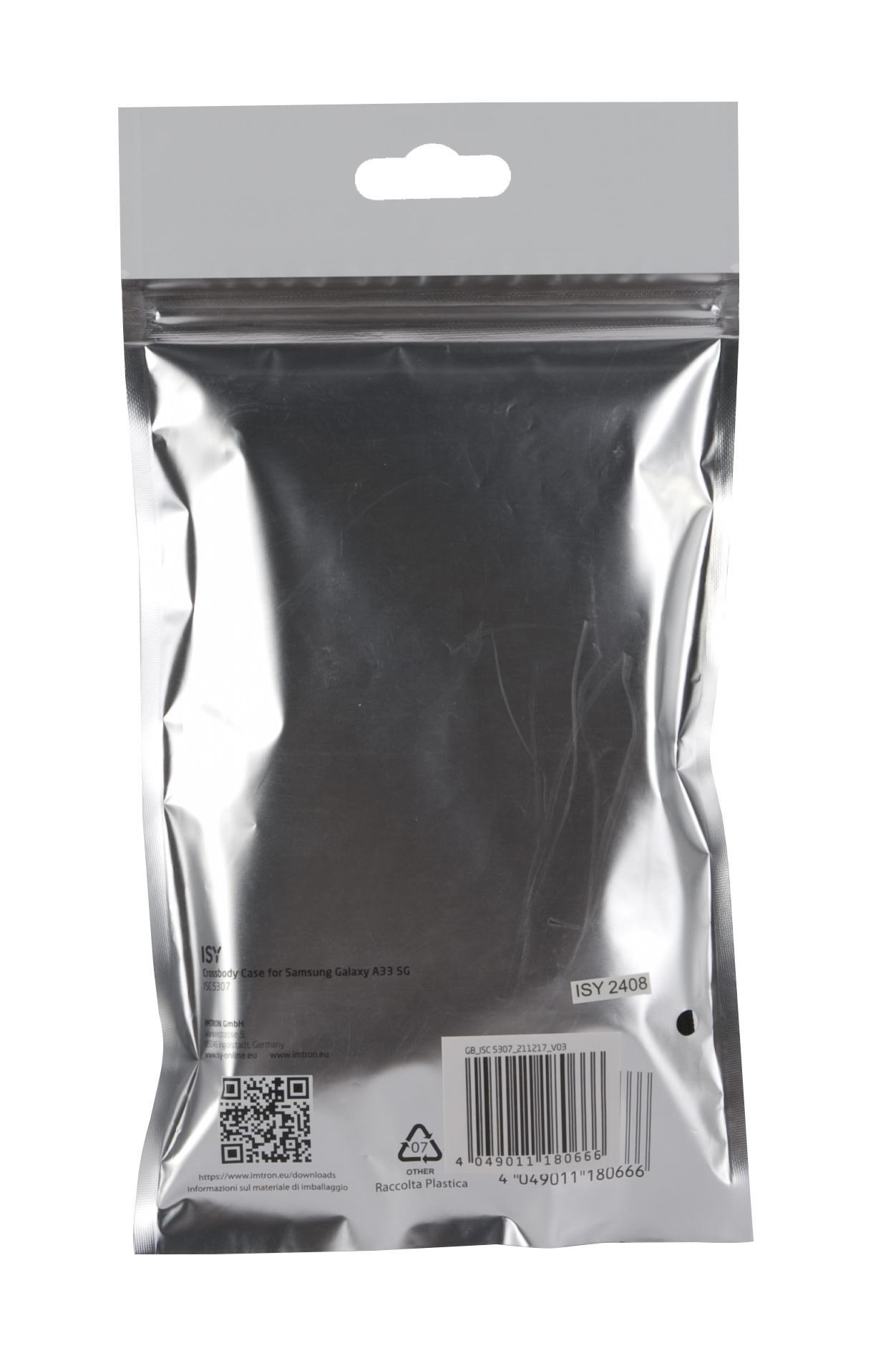 Silberne Plastiktüte. Die Tasche ist oben geöffnet. Produkt nicht sichtbar. Weißer Hintergrund.