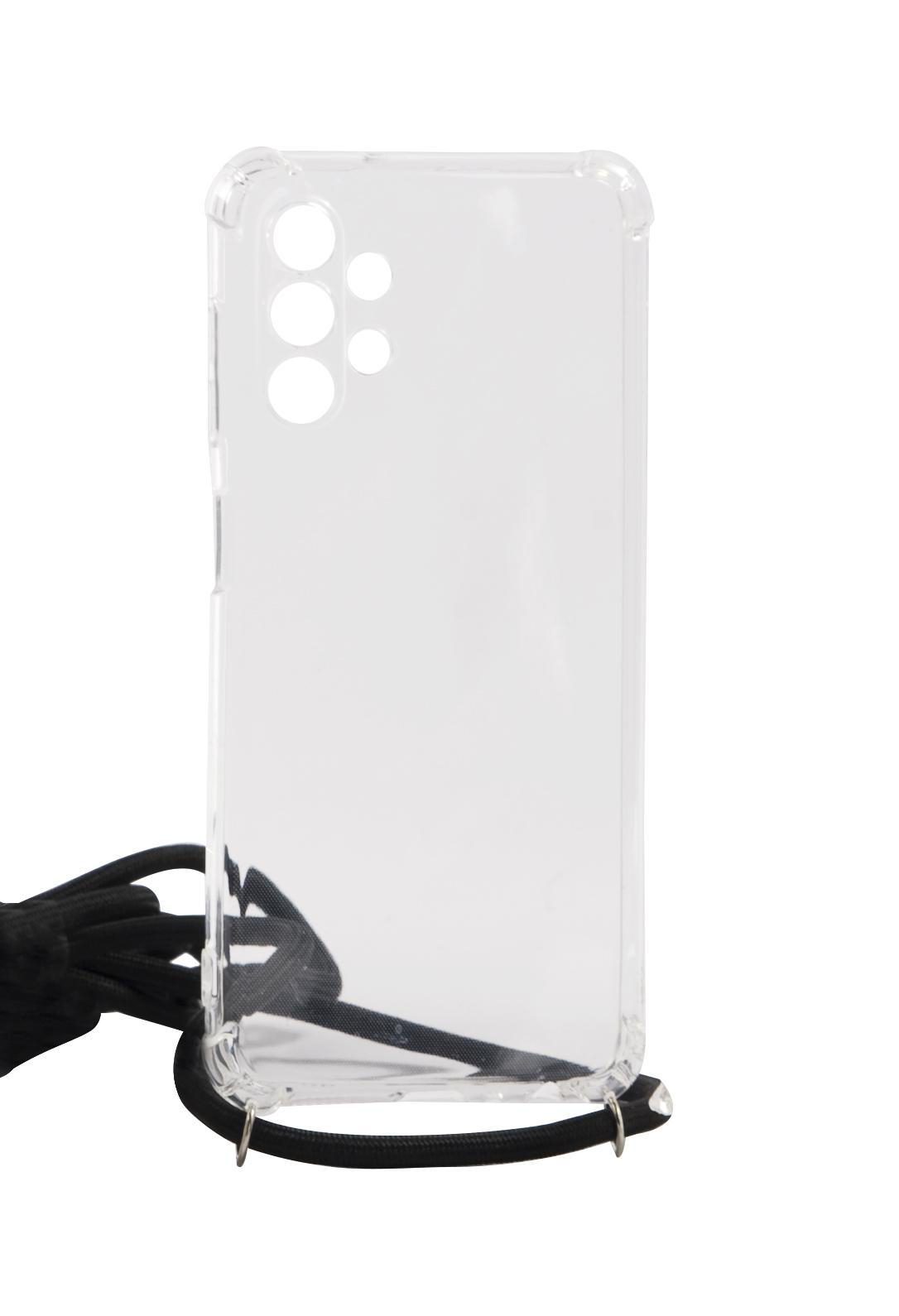 Transparente Handyhülle mit schwarzem Band. Mit drei Kameralöchern. Weißer Hintergrund.