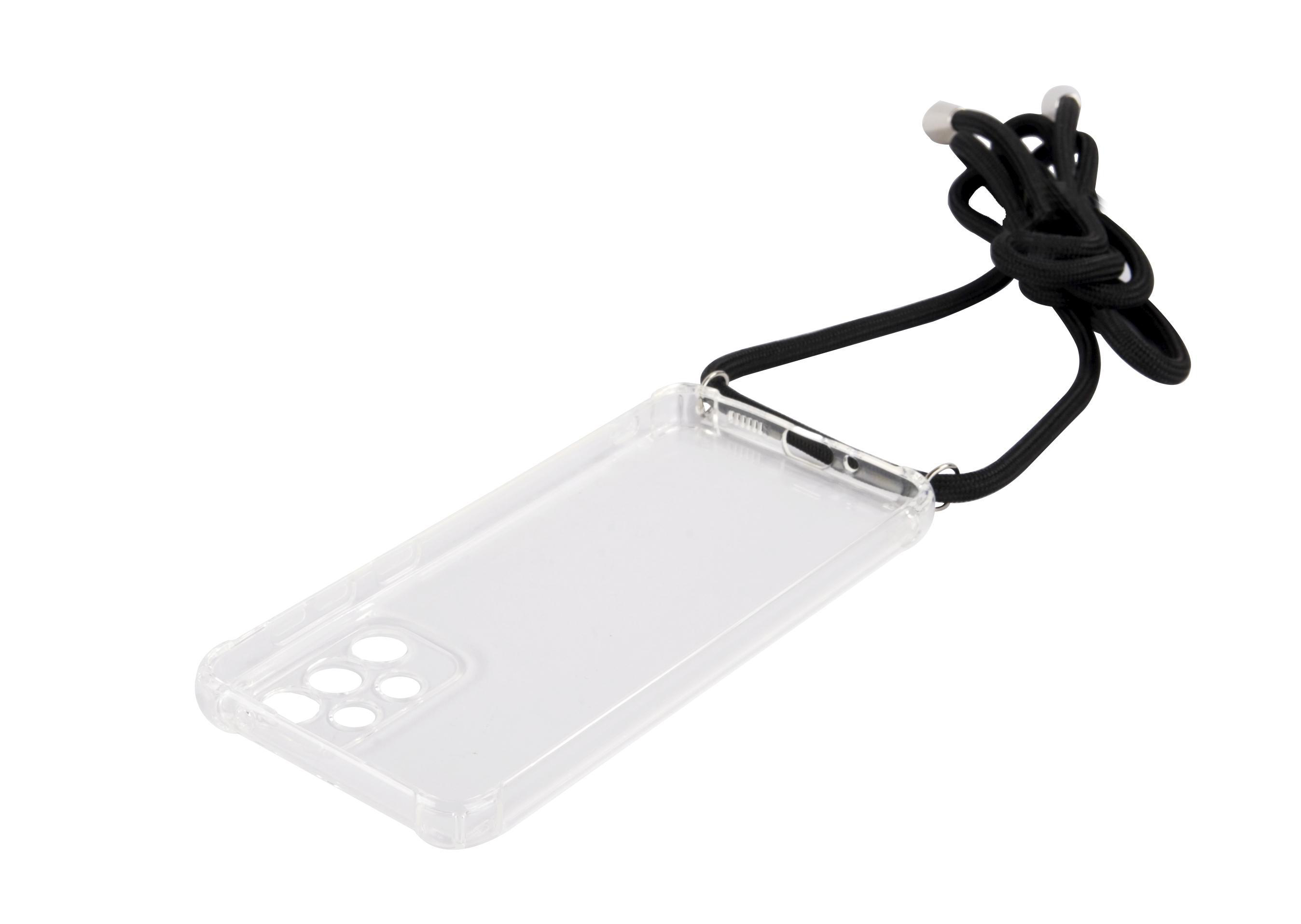 Transparente Handyhülle mit schwarzem Kordel. Aussparungen für Kamera und Knöpfe. Weißer Hintergrund.