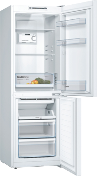 White refrigerator with doors open, showing interior with shelves, drawers, and food items.