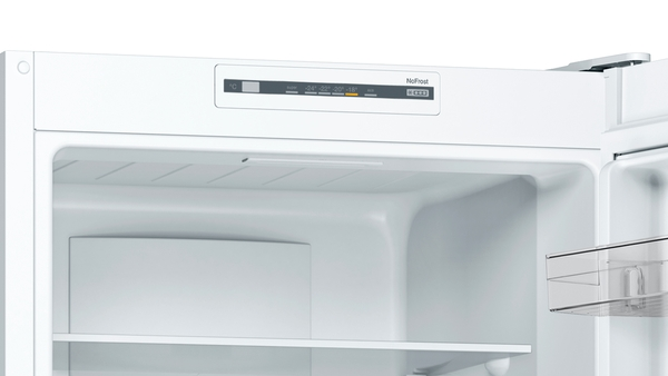Interior of a refrigerator with shelves, a temperature display, and an open door.