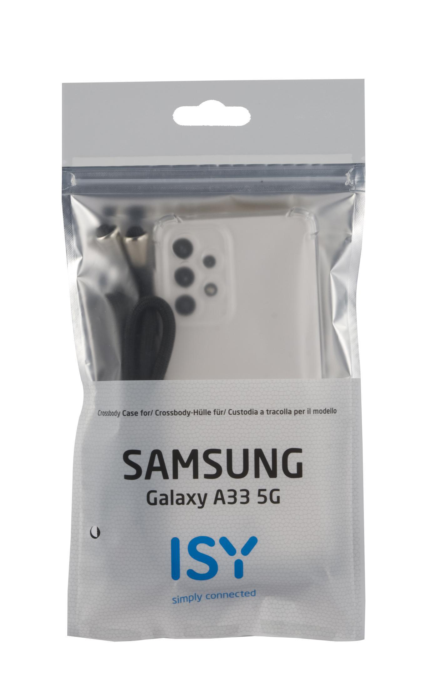 Ein durchsichtiger Kunststoffbeutel mit einer weißen Samsung Galaxy A33 5G-Handyhülle und einem schwarzen Umhängeband.