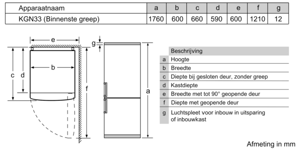 Diagram of a refrigerator with dimensions. Shows height, width, and depth measurements in mm.