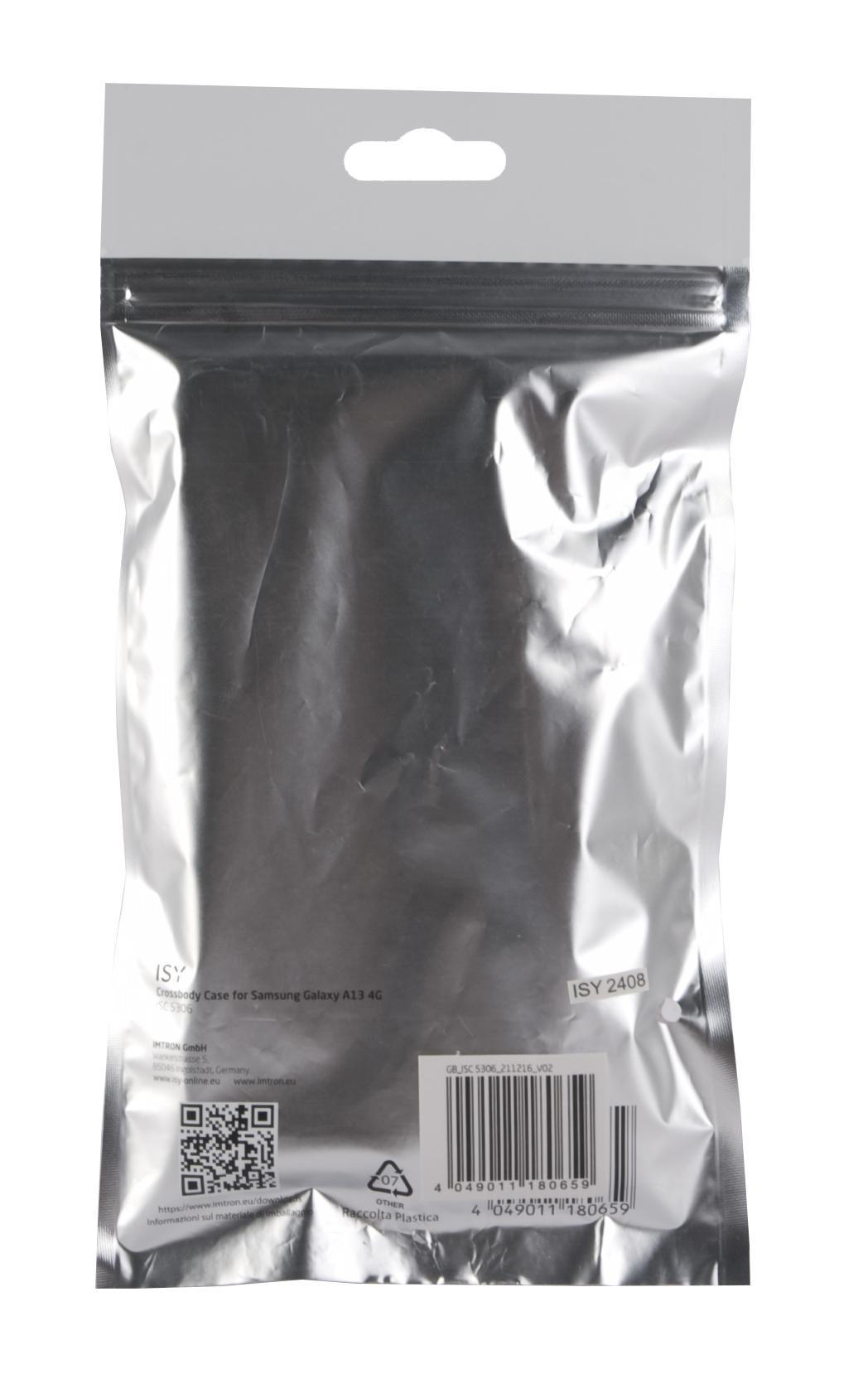 Silberne Tasche mit Aufhängeloch, Text und Barcode.
