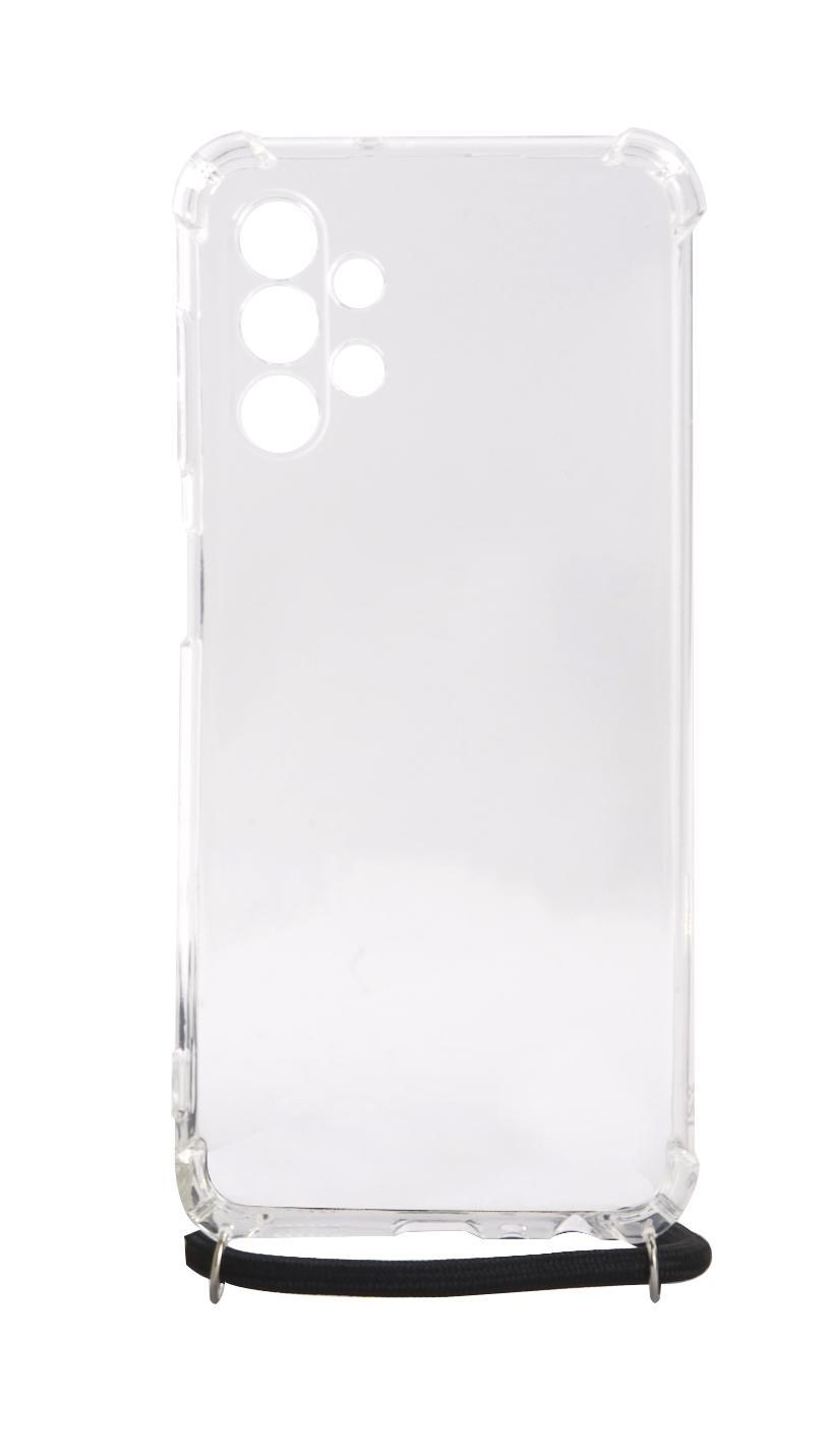 Eine transparente Handyhülle mit einem schwarzen Riemen. Die Hülle ist für ein Telefon.