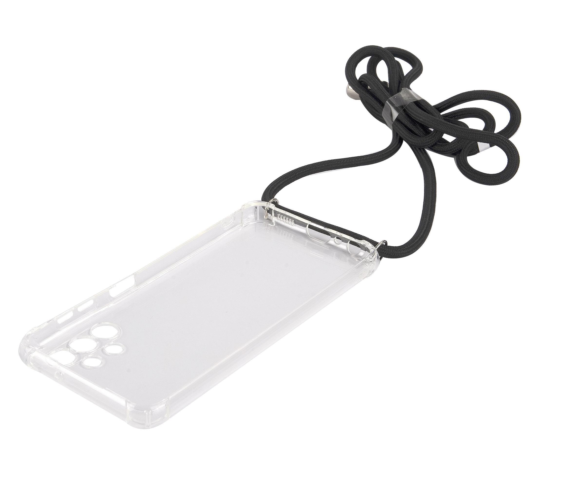 Transparente Handyhülle mit schwarzem Band, im Lanyard-Stil, vor weißem Hintergrund.