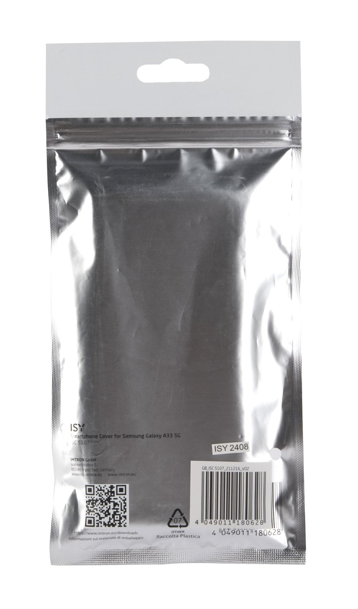Eine metallisch-silberne Plastiktüte mit Text und Barcode.
