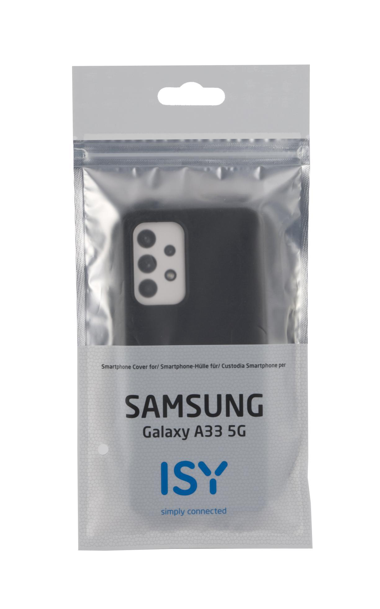 Smartphone-Hülle in Plastikverpackung; 'SAMSUNG Galaxy A33 5G' und ISY-Logo.