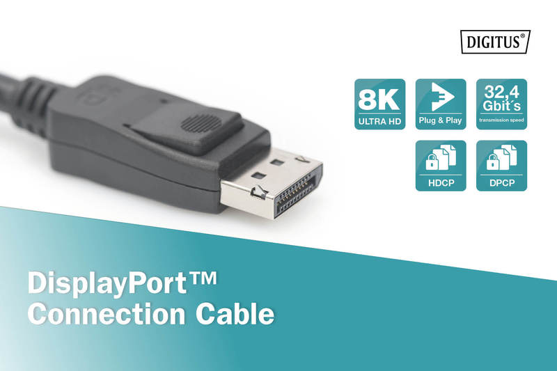DisplayPort-Anschlusskabel mit Text, der Funktionen angibt. Der Text enthält 8K Ultra HD und HDCP.