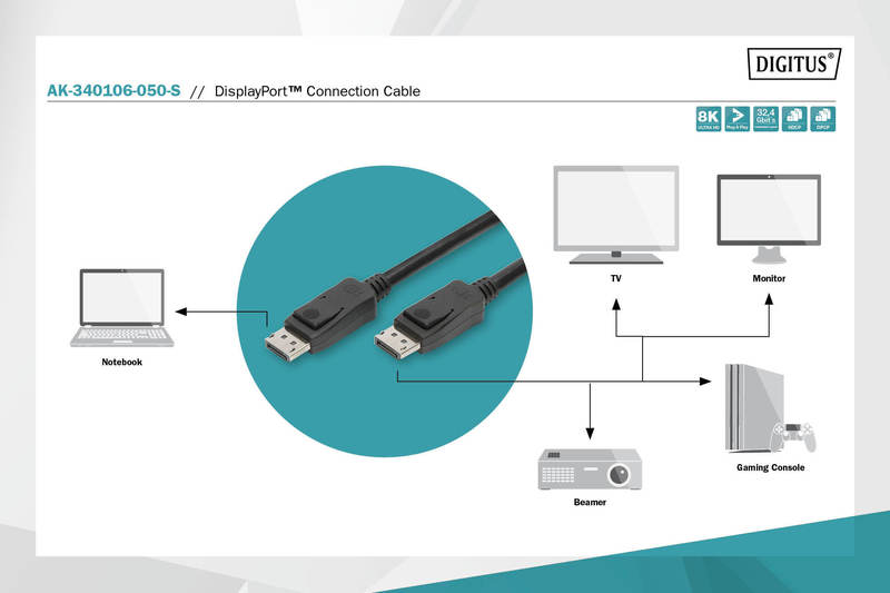 Diagramm eines DisplayPort-Anschlusskabels. Zeigt einen Laptop, Fernseher, Monitor, Beamer und eine Spielkonsole.