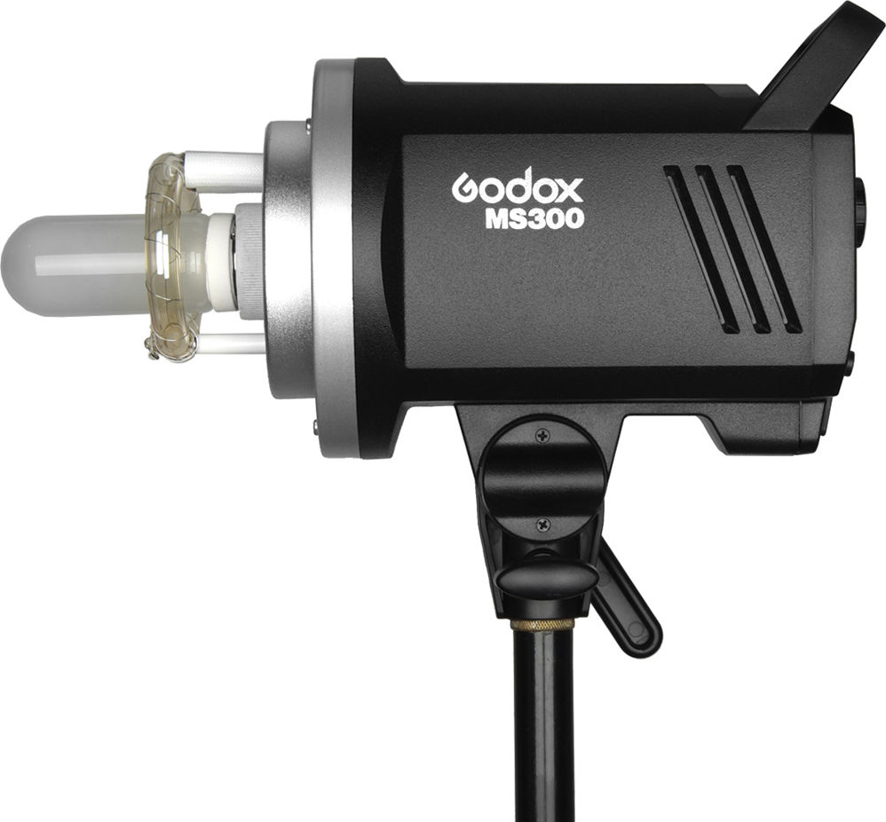 Flash de studio Godox MS300 noir, monté sur pied, avec une ampoule.