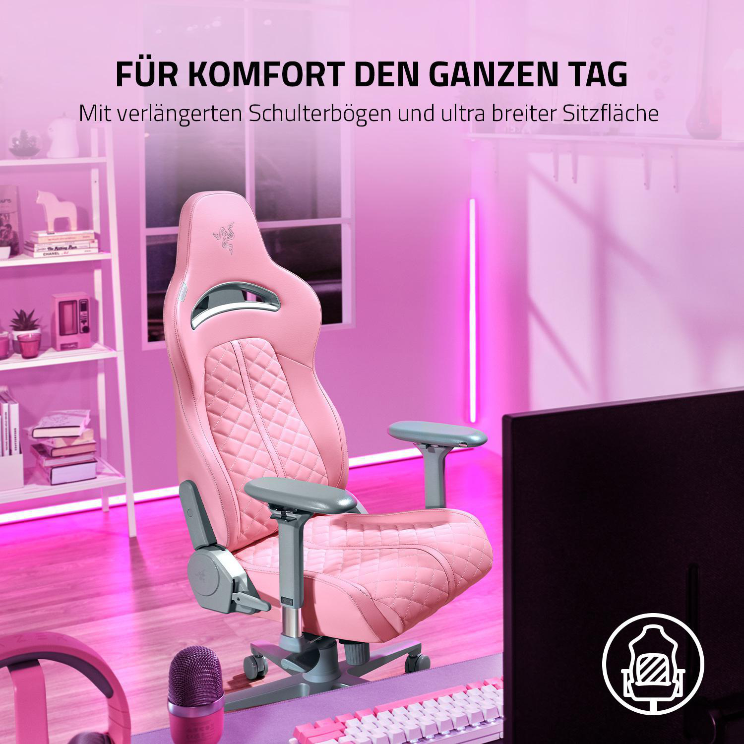 Rosa Gaming-Stuhl mit pinkfarbenen Neonlichtern im Hintergrund. Schreibtisch-Setup mit Tastatur und Maus.