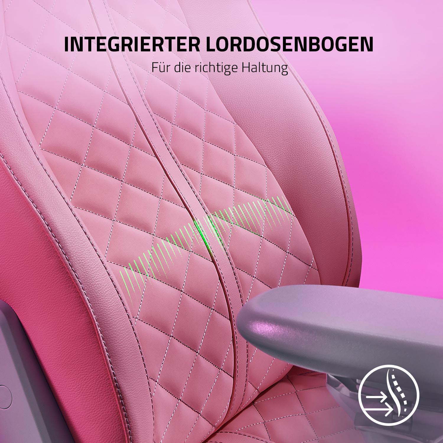 Pinker Gaming-Stuhl mit Lordosenstütze und Armlehnen. Rautenmuster.