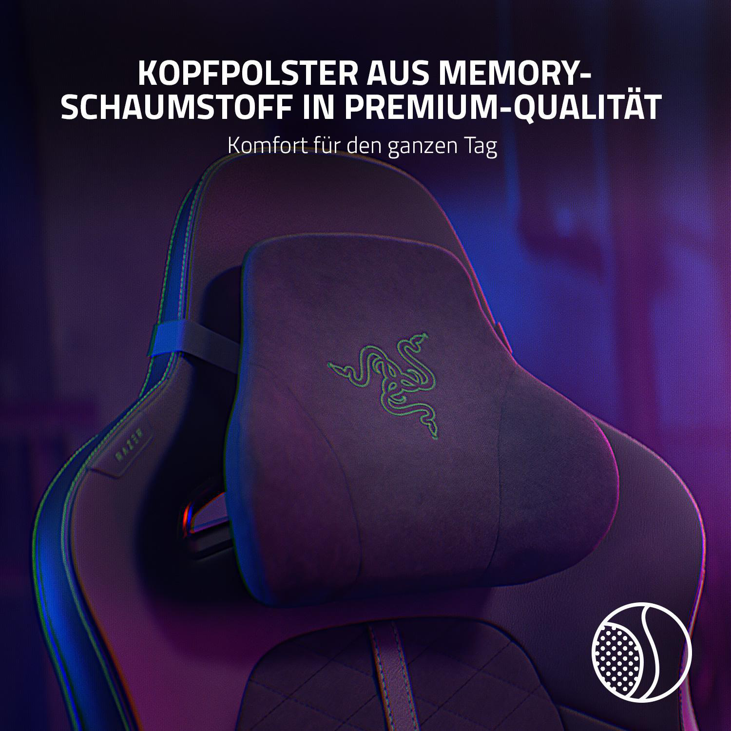 Schwarze Razer Gaming-Stuhl-Kopfstütze mit grünem Razer-Logo.