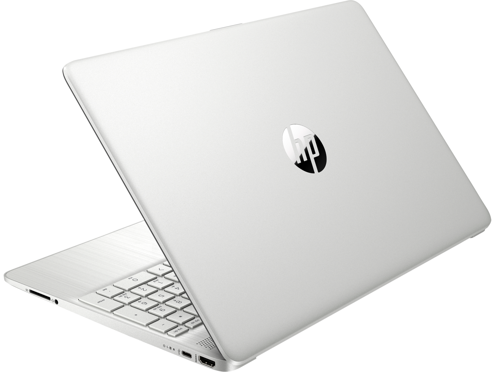 Portátil HP plateado abierto, mostrando teclado y tapa con logo HP. Fondo negro.