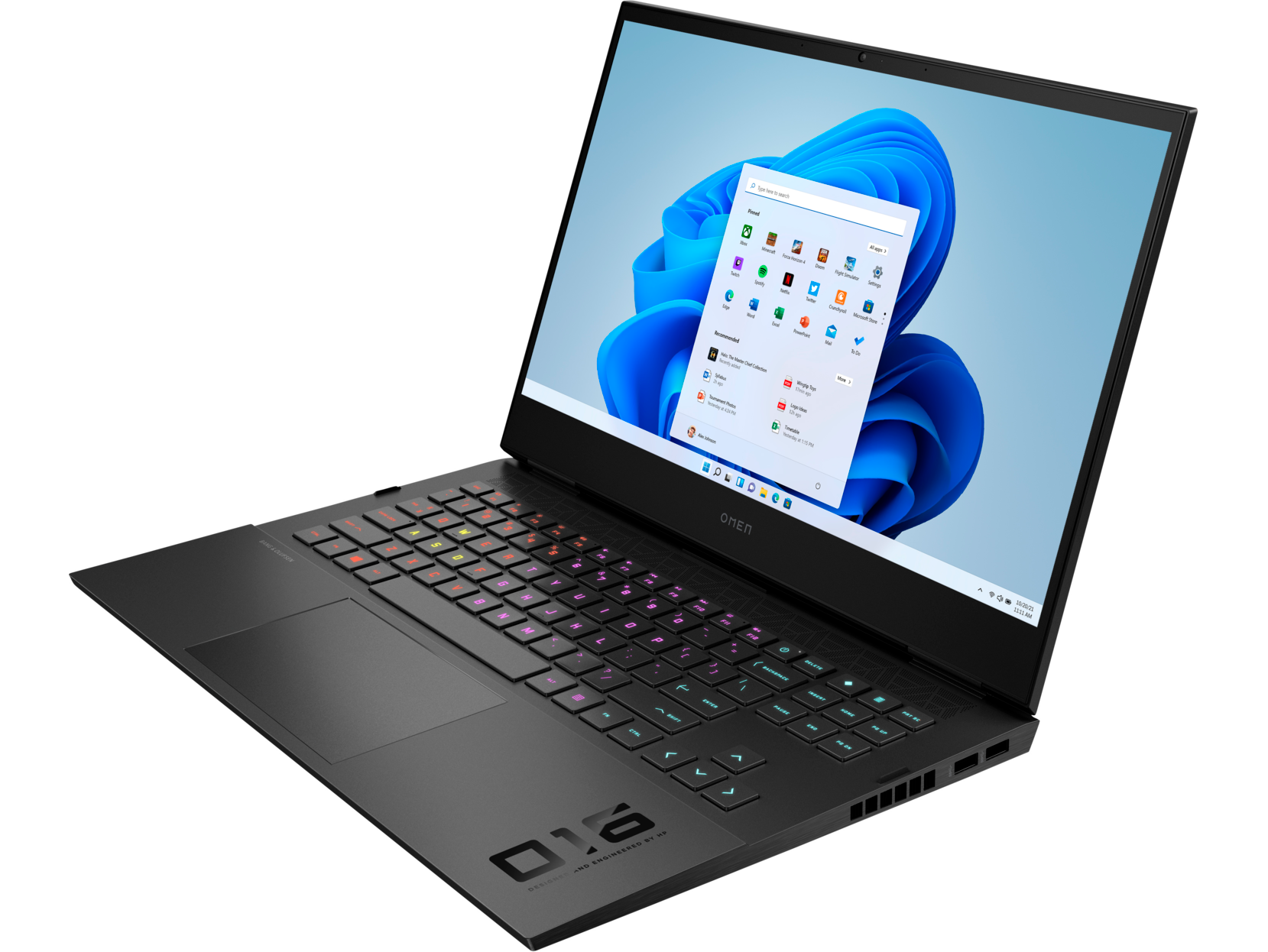 Portátil negro con teclado colorido e interfaz de Windows 11 en la pantalla.