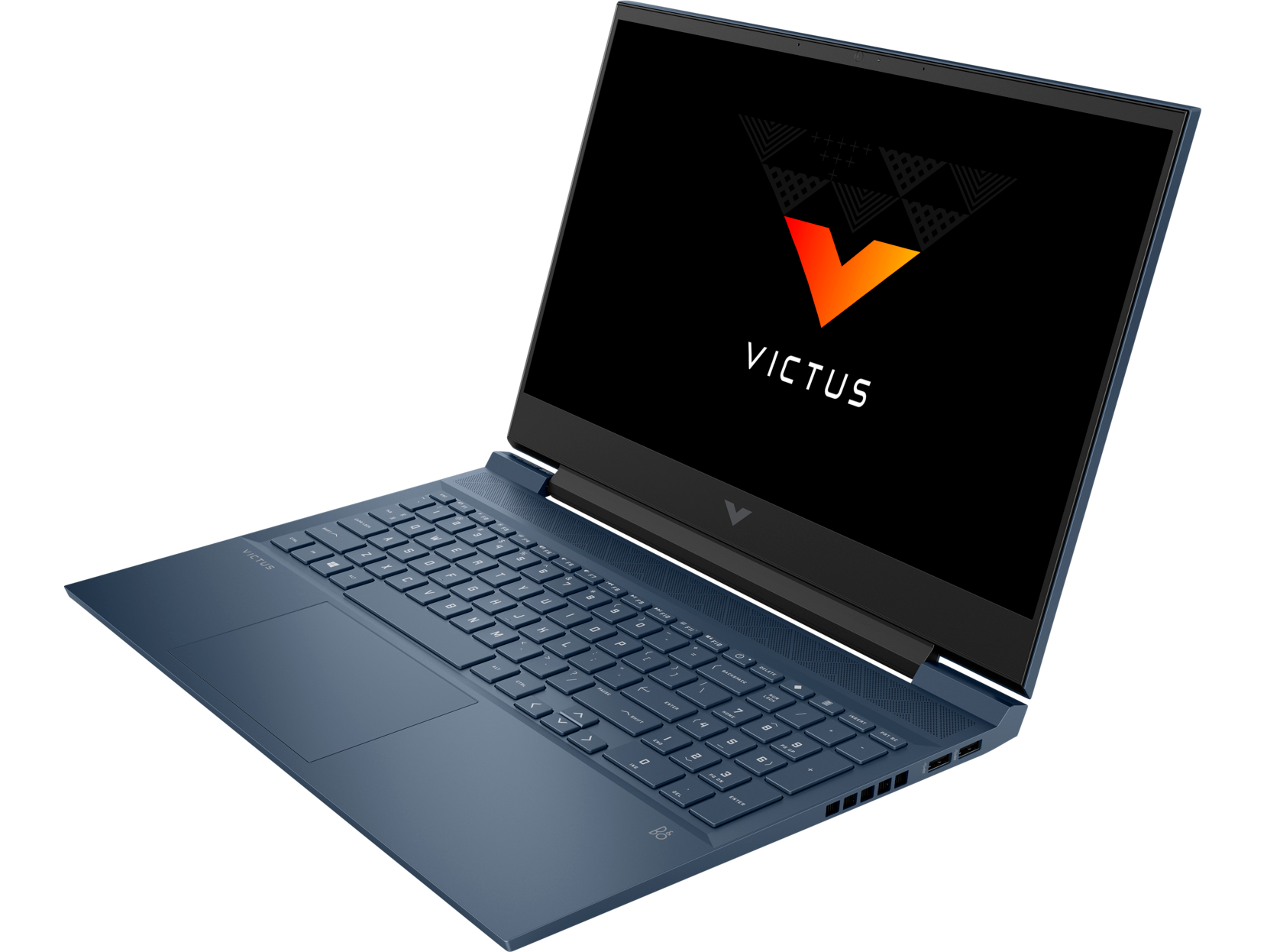 Portátil azul, abierto, mostrando un logotipo de Victus en la pantalla, fondo negro.