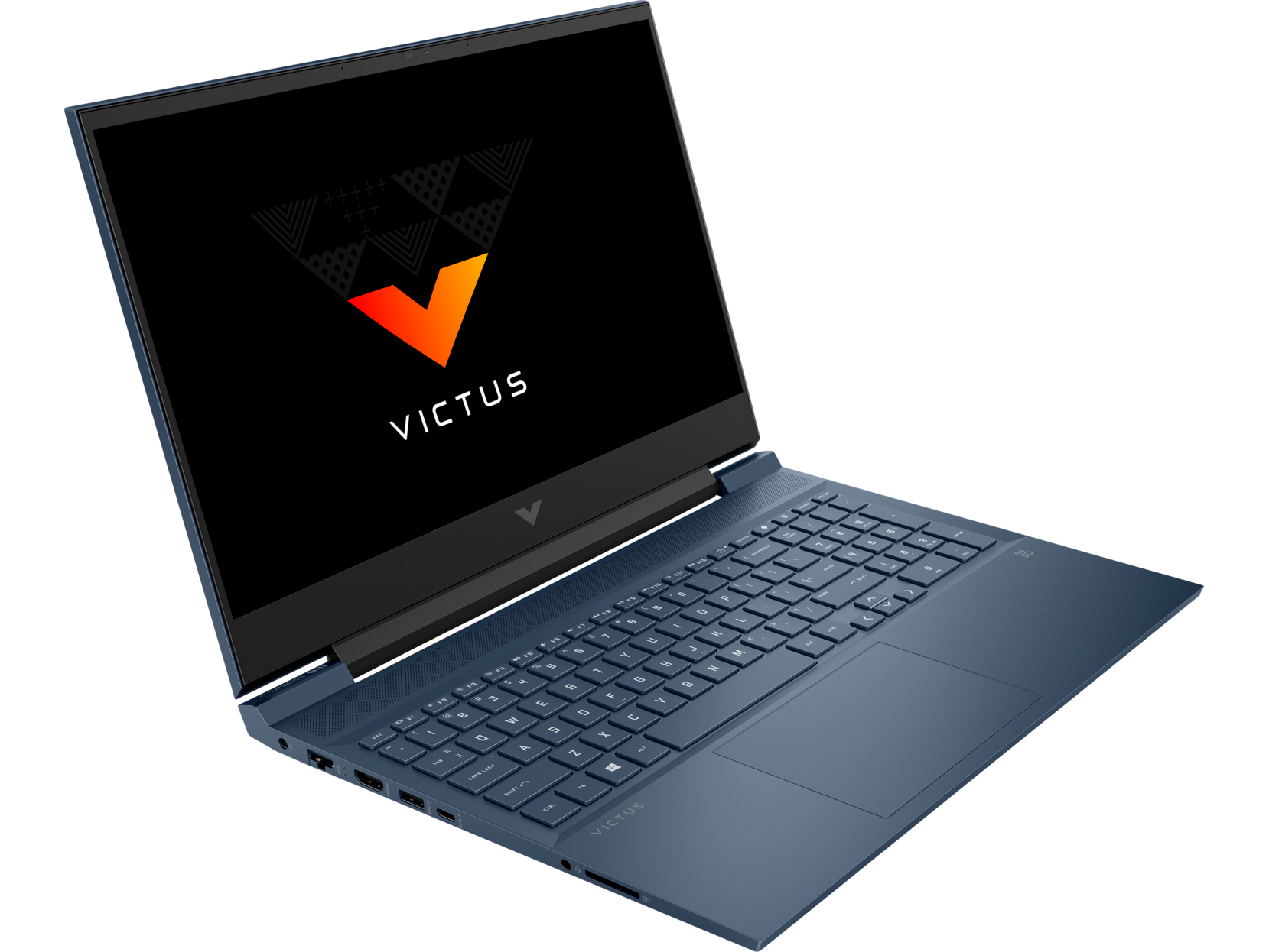 Un portátil azul con el logotipo de Victus en la pantalla. También son visibles el teclado y el panel táctil.
