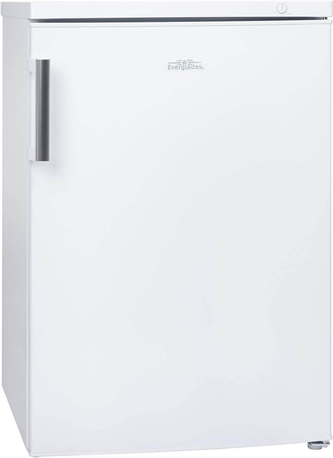 White refrigerator with a handle on the left. The brand Everglade is visible on the door.