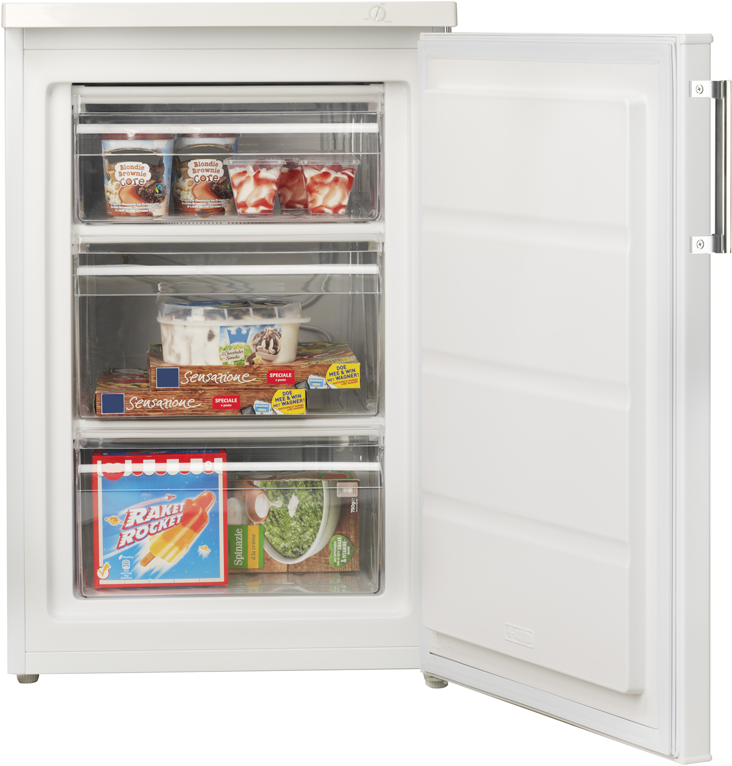 A white freezer with its door open, showing three drawers filled with frozen food items.