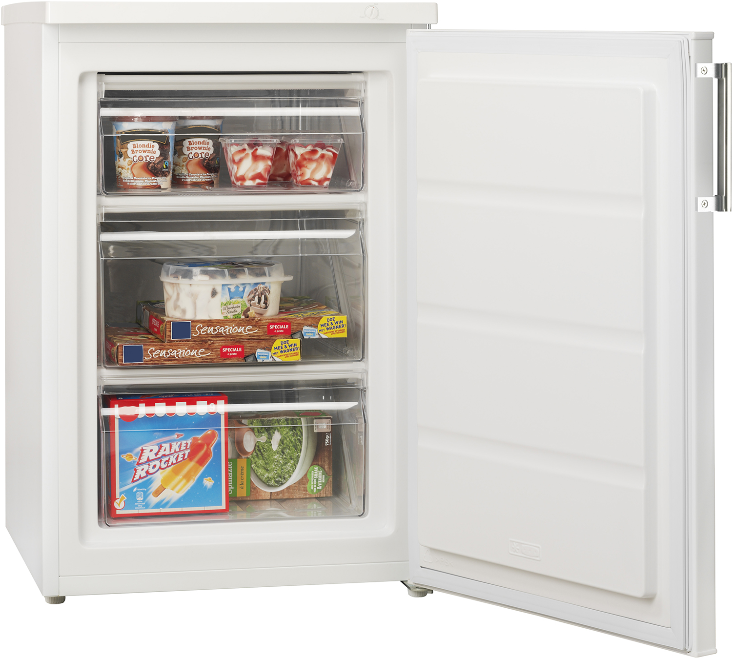 White freezer, open. It has drawers full of frozen food, including ice cream and frozen vegetables.
