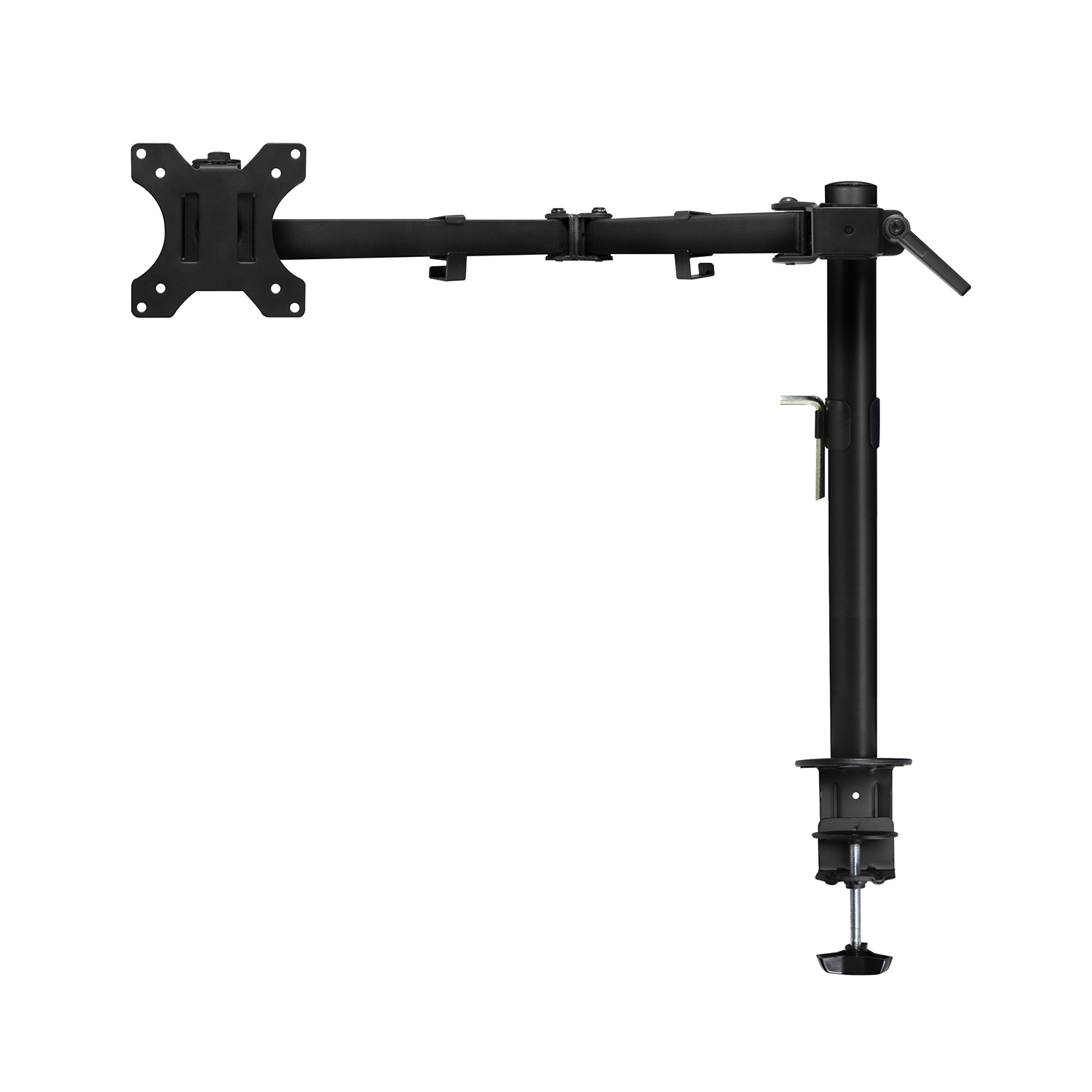 Black monitor mount. It features a clamp, vertical pole, adjustable arm, and a VESA plate.