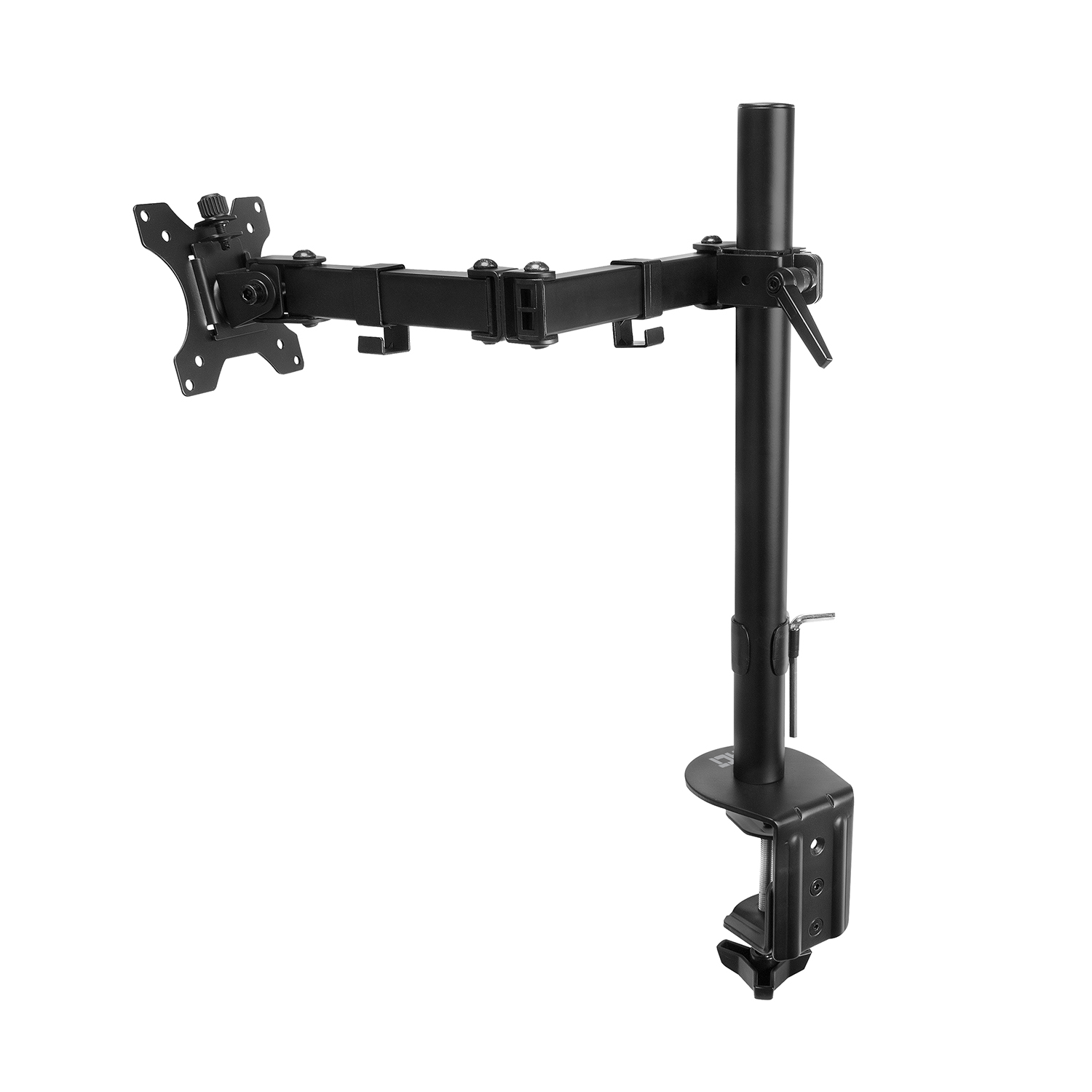 Black monitor arm for mounting a screen. It has joints and a clamp for desk attachment.