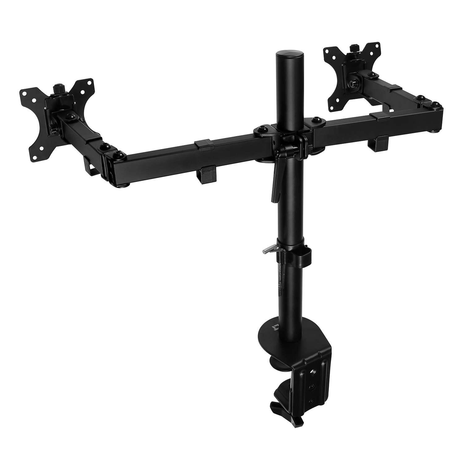 A black monitor stand with two arms, mounted on a white surface.