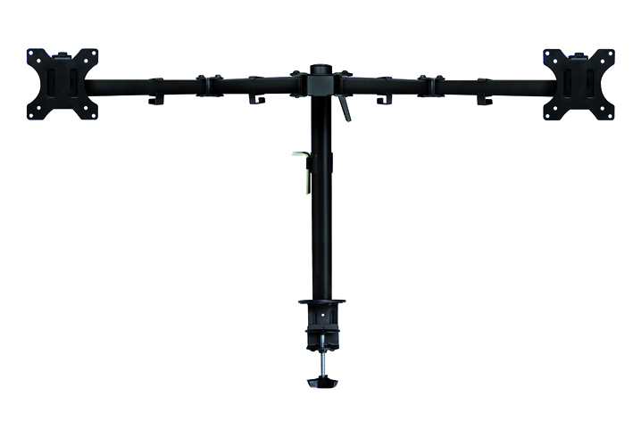 Dual monitor mount. A black, T-shaped monitor stand with monitor mounting plates.