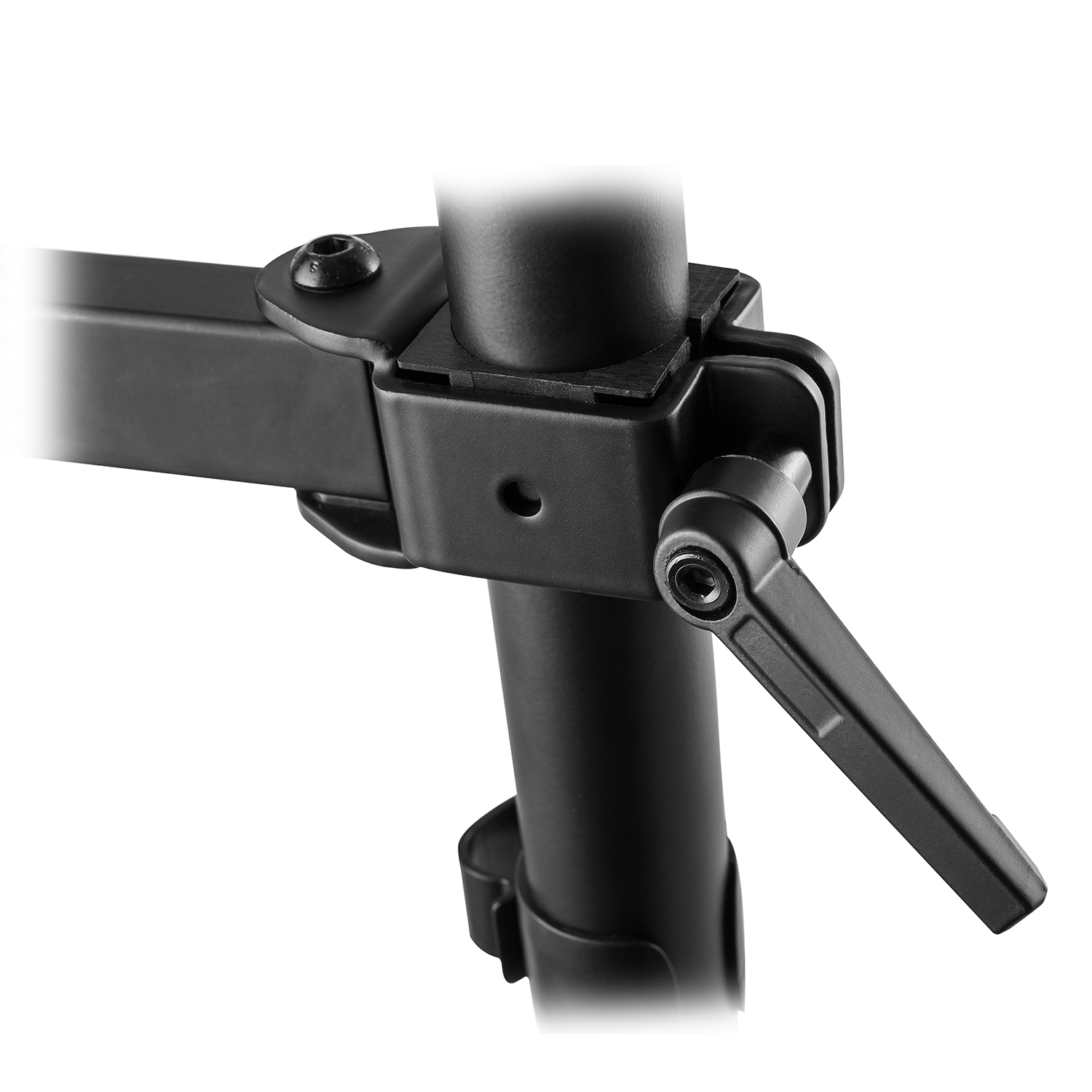 A black monitor stand bracket with a tightening handle and screws.