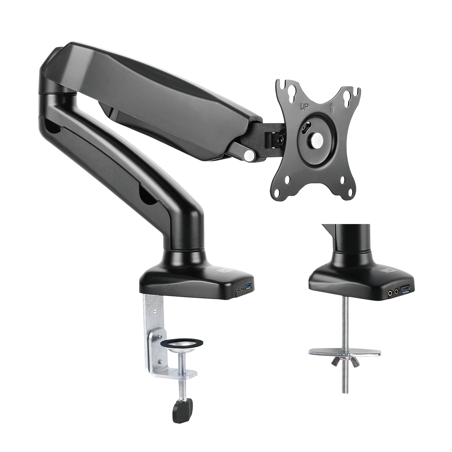 A black monitor arm for mounting, with USB ports.