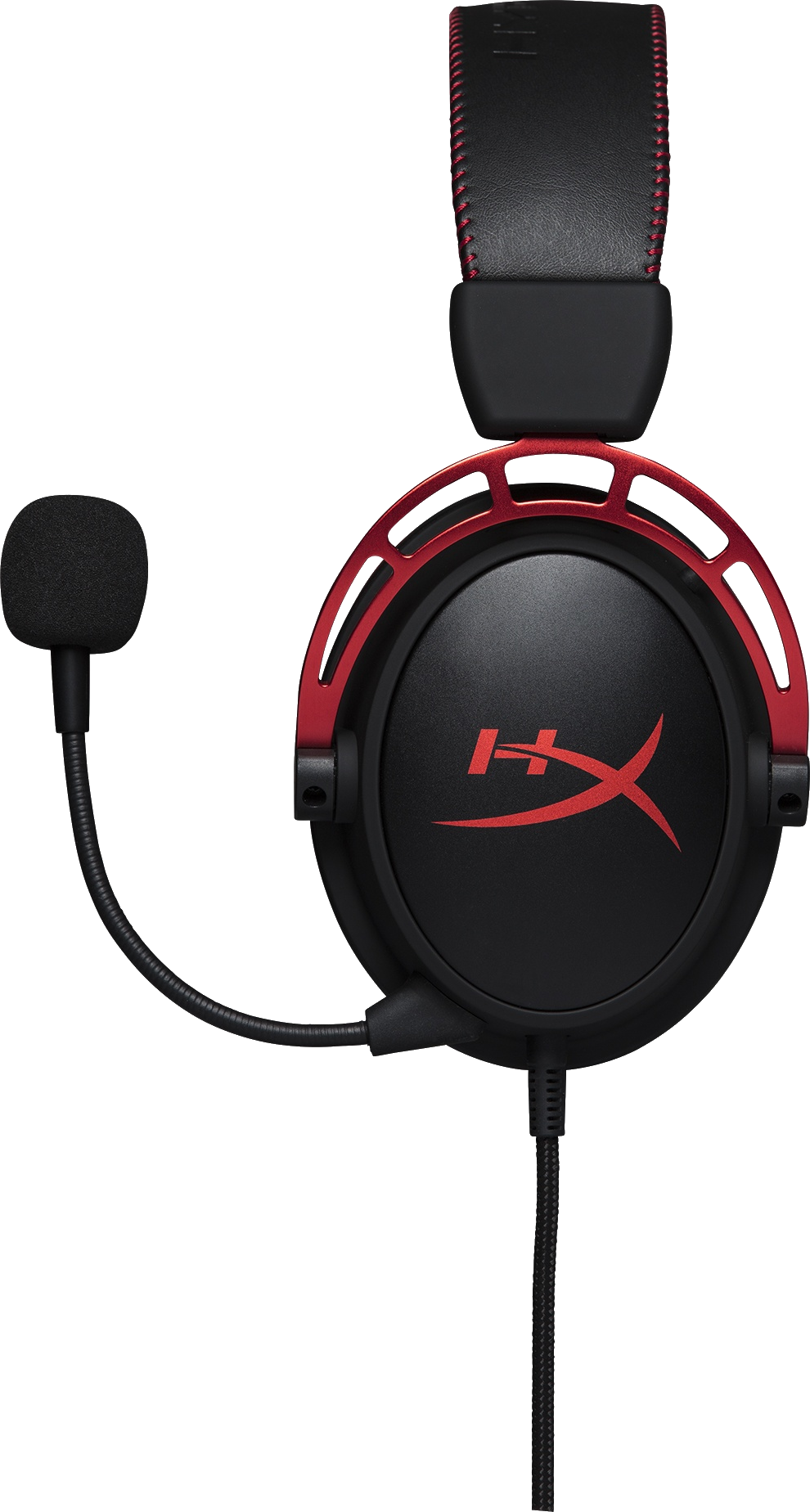 Casque gaming HyperX rouge et noir avec microphone sur fond noir.