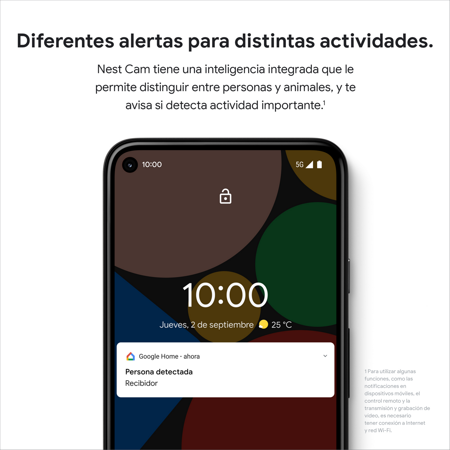 Un teléfono muestra una notificación: "Persona detectada". La pantalla muestra la hora, la fecha y un icono de candado. Formas abstractas llenan el fondo.