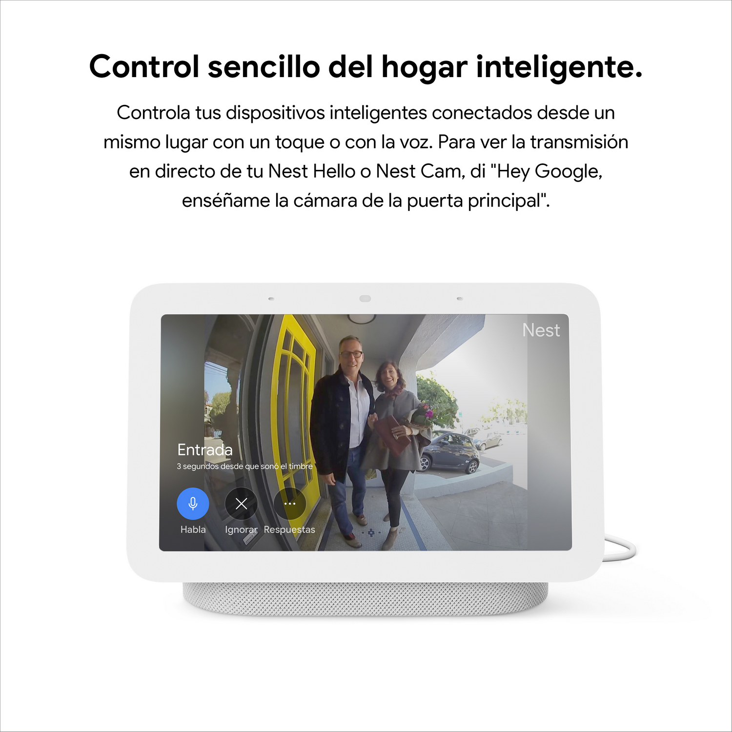 Pantalla de casa inteligente mostrando personas en una puerta, con opciones para hablar o ignorar.