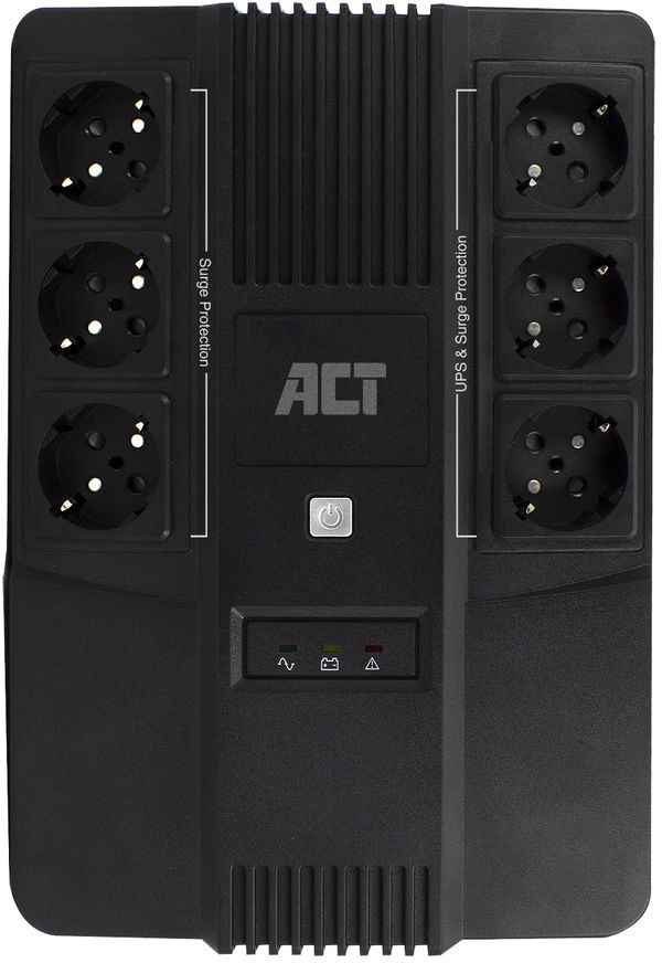 Black UPS with six outlets. Surge protection and UPS & Surge Protection labels. ACT logo visible.