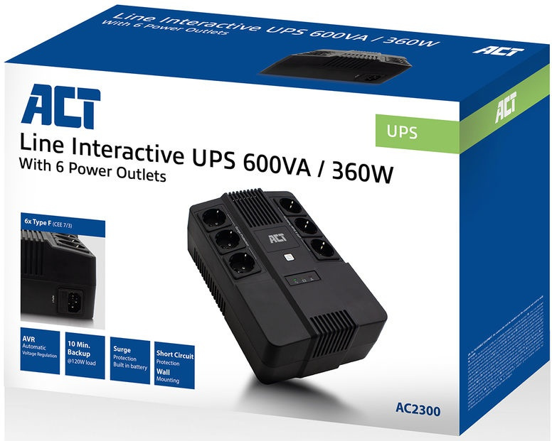 A UPS device in its box, showing the device and its features with text.
