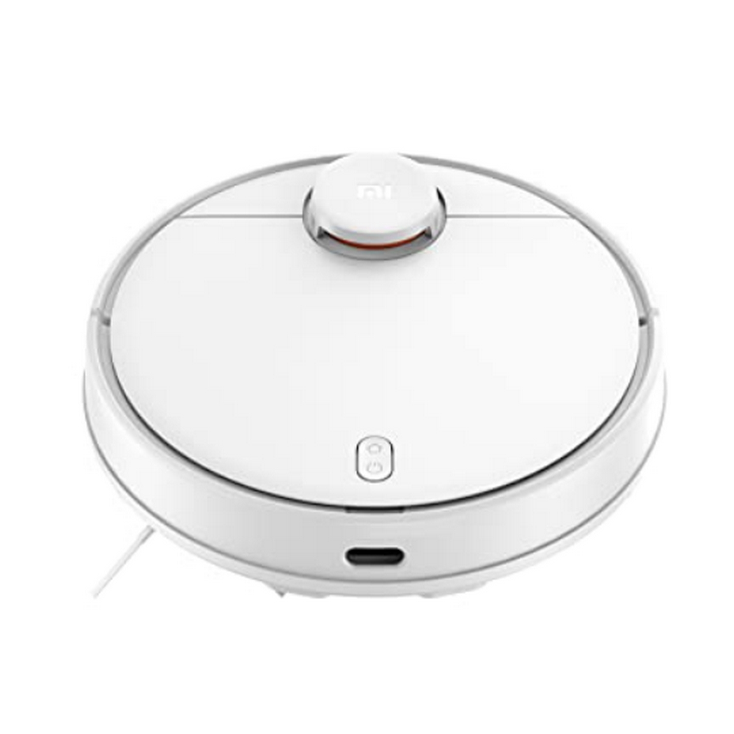 Aspiradora robótica blanca. Tiene un diseño circular, con un solo botón en la parte superior.