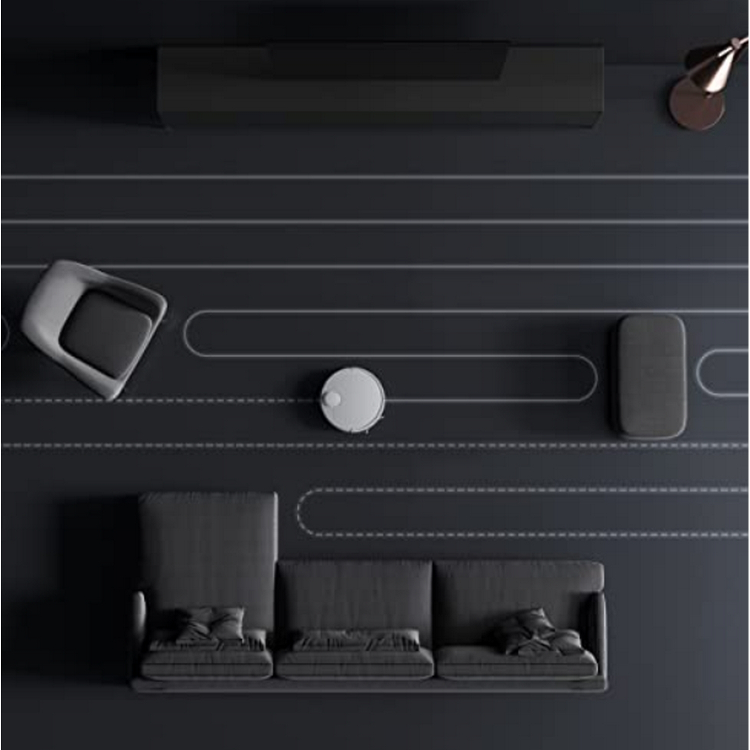 Vista superior de una habitación con una aspiradora robot siguiendo un camino.