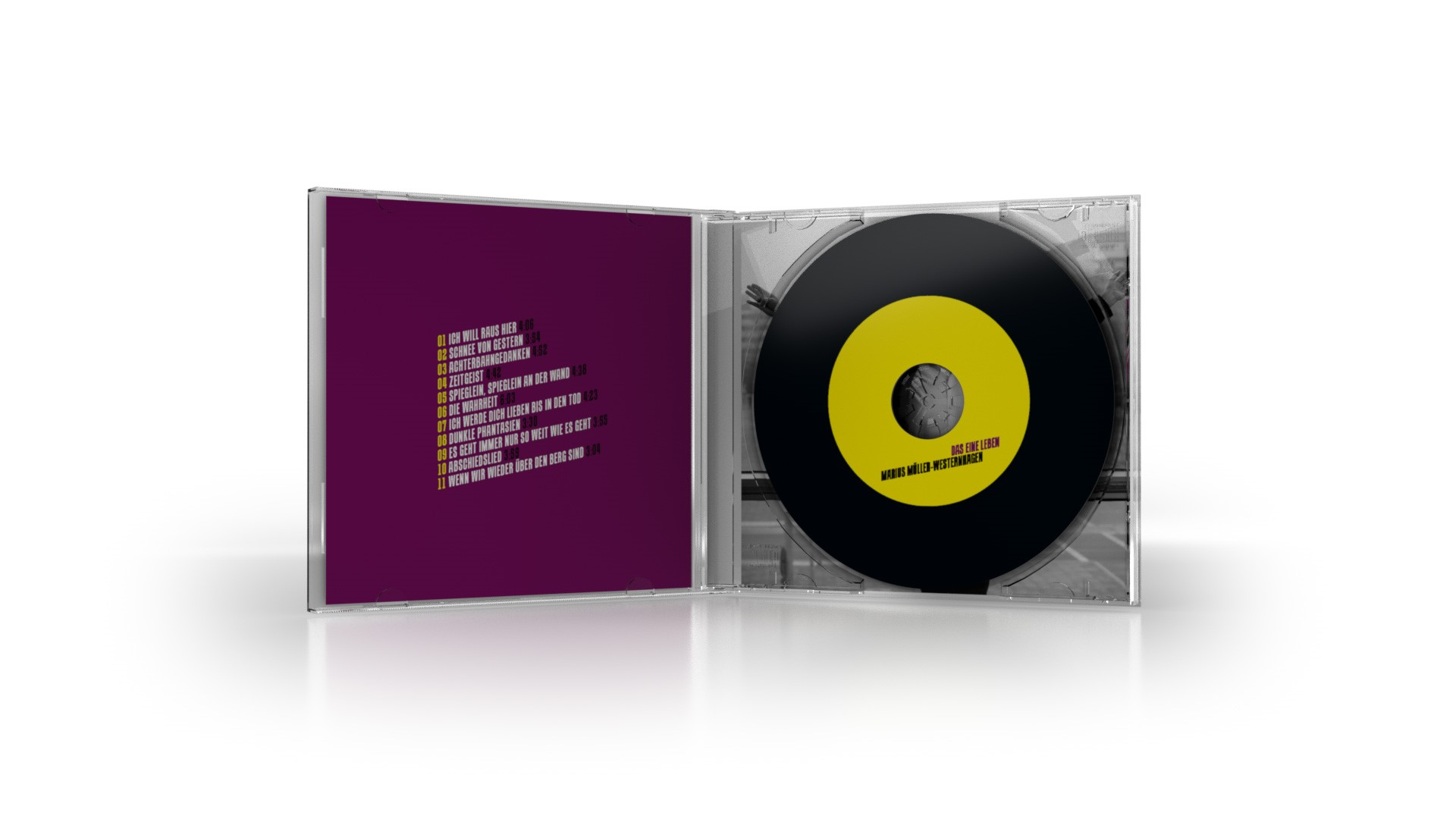 Innenseite einer CD-Hülle mit CD und Trackliste. Lila und schwarz.