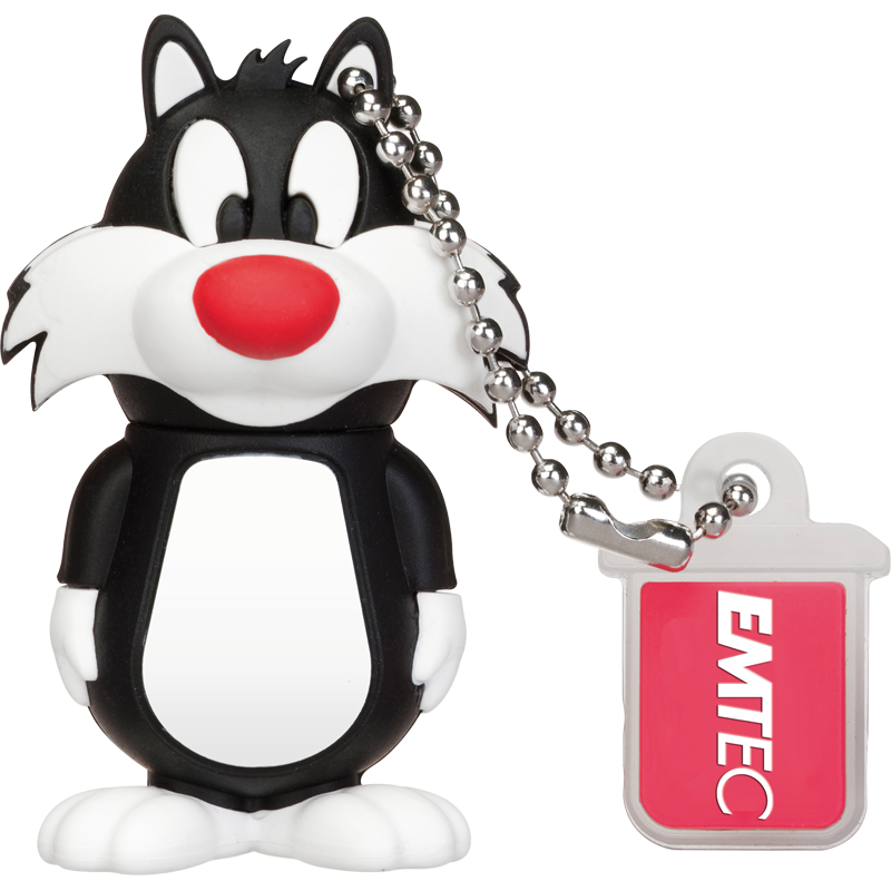 Sylvester USB meghajtó piros címkével. Fehér háttér.