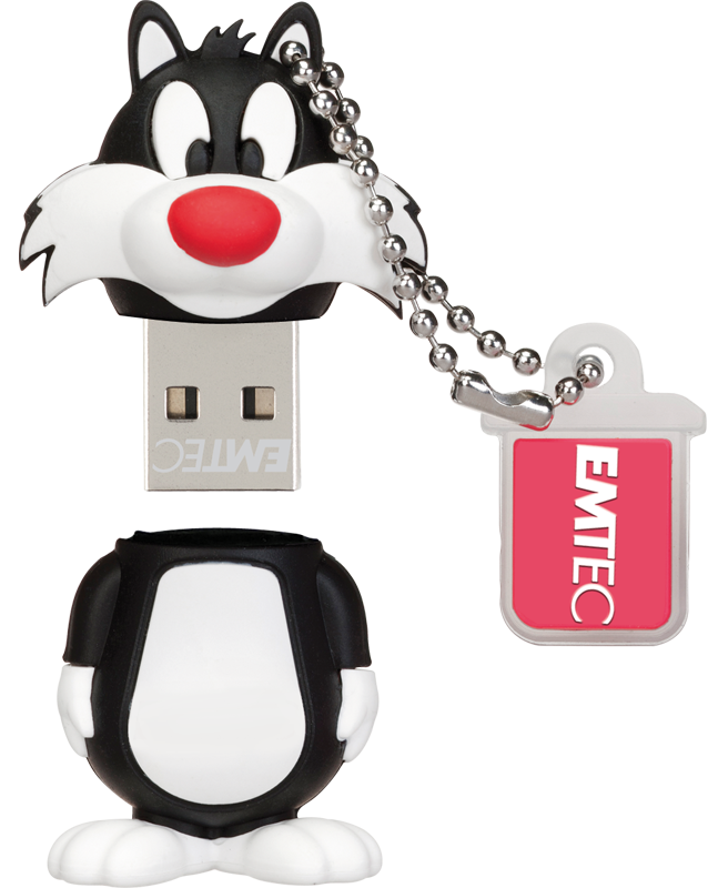 Sylvester USB meghajtó. A meghajtó Sylvester, a macska rajzfilm hasonmása. Egy rózsaszín címke van rögzítve.