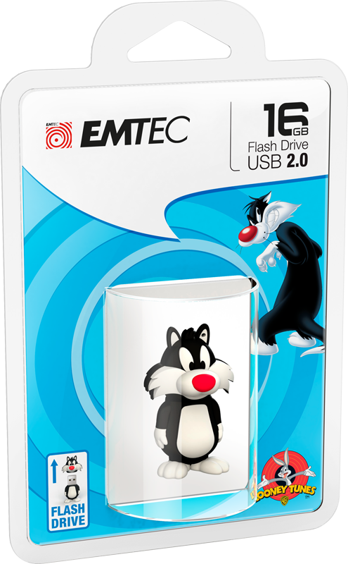 Egy USB meghajtó Looney Tunes témájú csomagolásban, Szilveszterrel, a macskával.